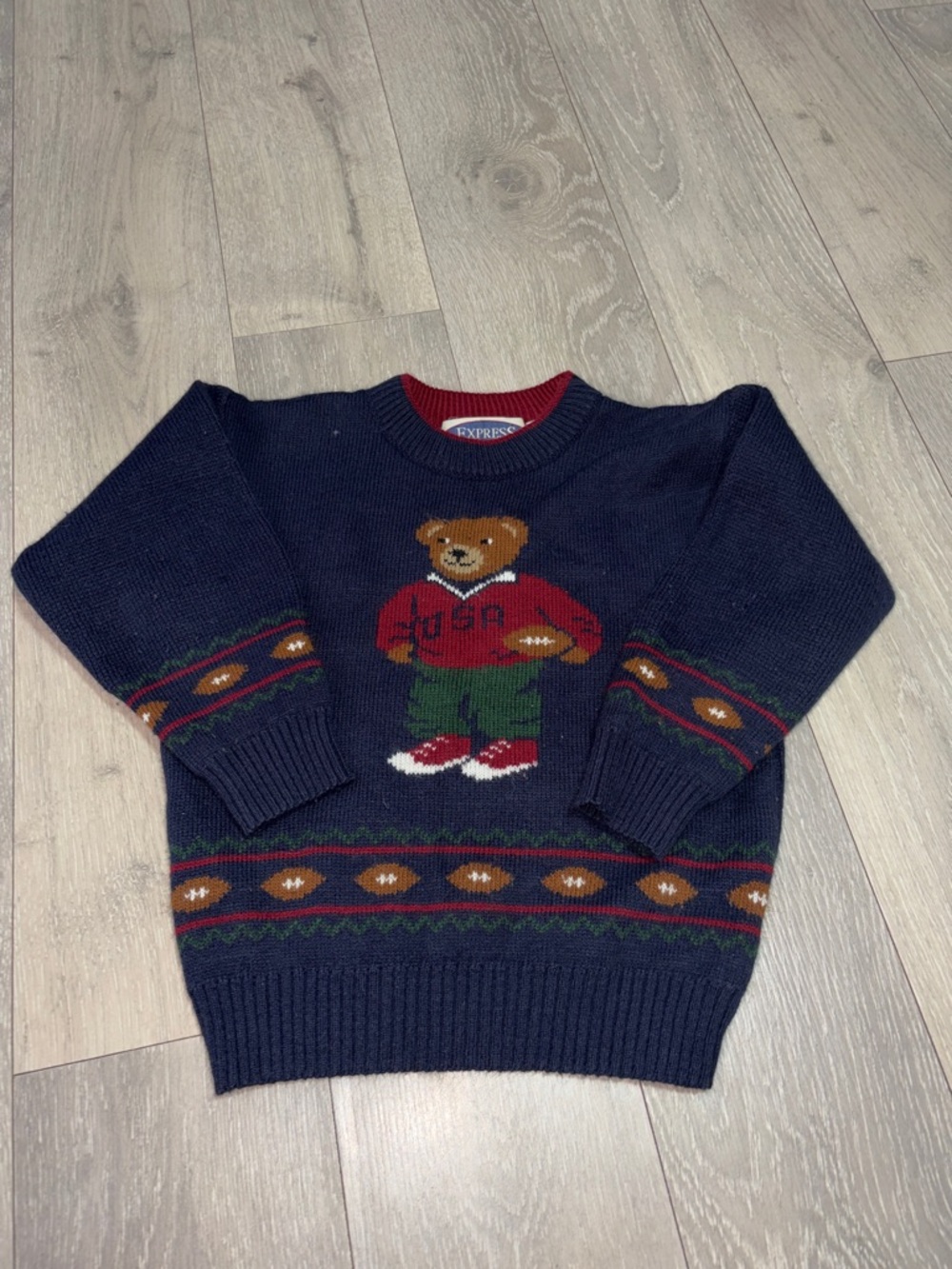 Express Navy Crewneck Bear Sweater with Red and Green Accents